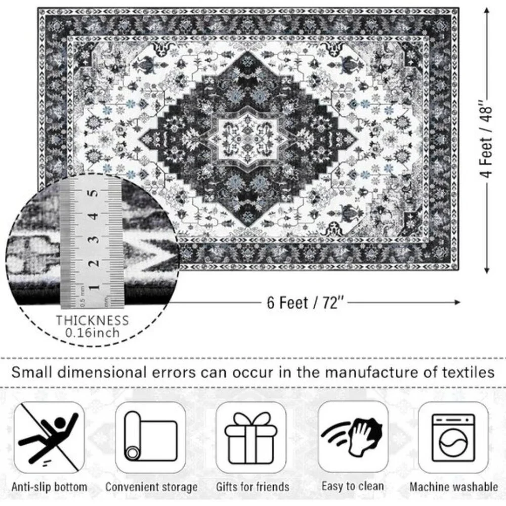 New 4x6 Vintage Area Rug, Washable Non-Slip Low Pile Carpet for Home & Office
